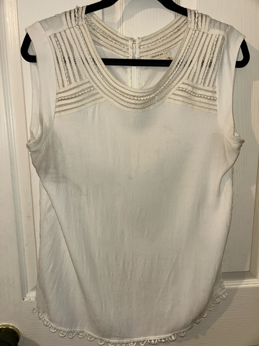 Anthropologie Women's Cream Sleeveless Embellished Yoke Top. L
